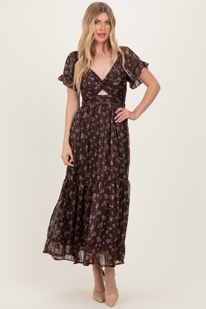Brown Floral Stripe Twist Front Cutout Maxi Dress