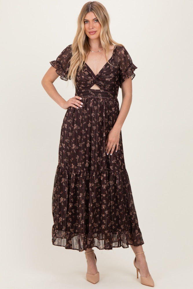 Brown Floral Stripe Twist Front Cutout Maternity Maxi Dress