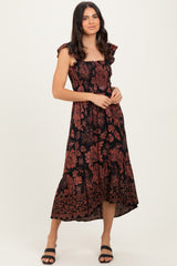 Black Floral Smocked Flutter Sleeve Maternity Midi Dress