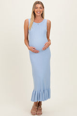 Sky Ribbed Knit Sleeveless Ruffle Hem Maternity Maxi Dress