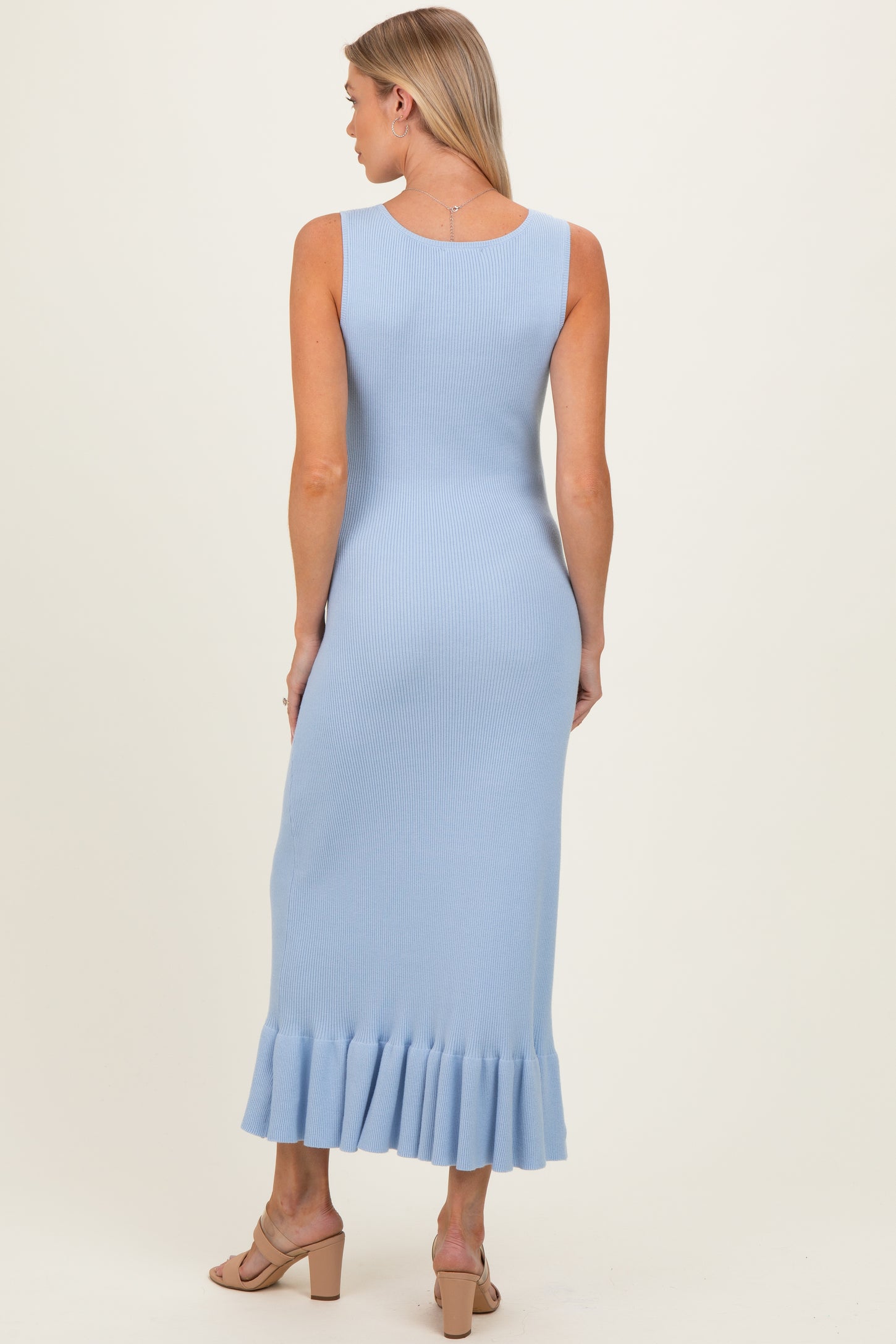 Sky Ribbed Knit Sleeveless Ruffle Hem Maternity Maxi Dress