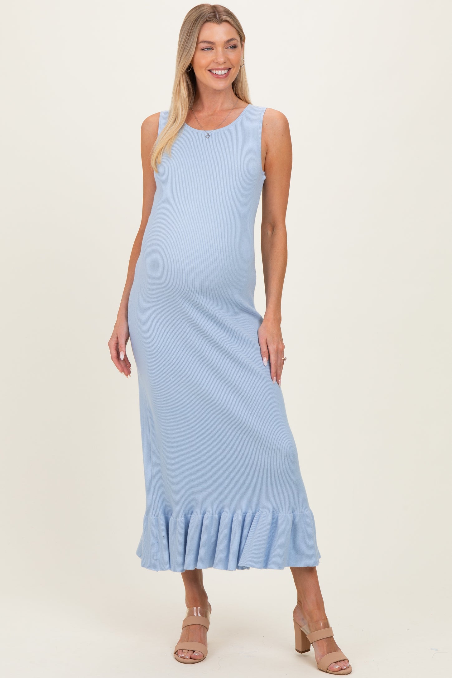 Sky Ribbed Knit Sleeveless Ruffle Hem Maternity Maxi Dress