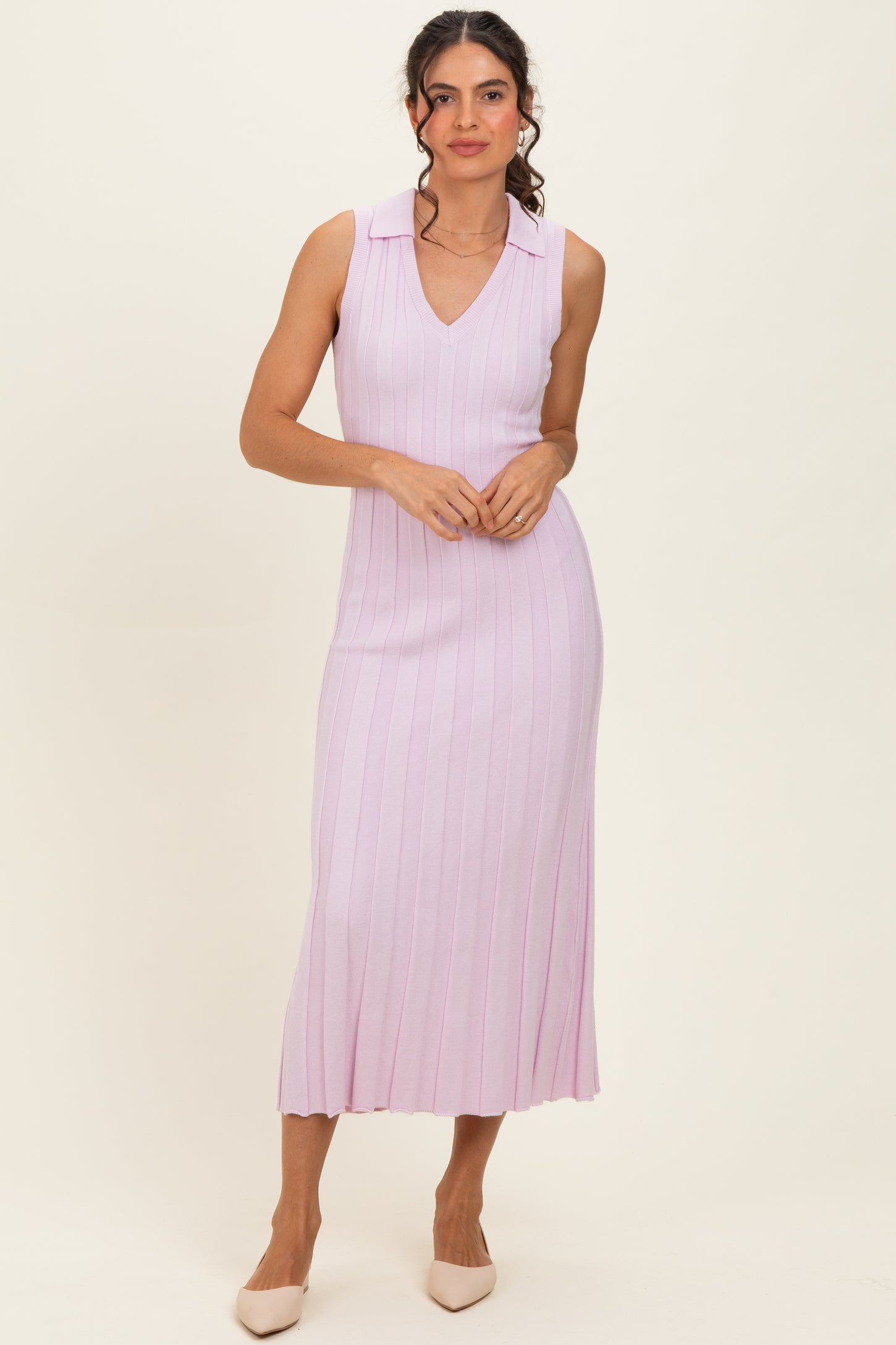Light Pink Knit Collared Sleeveless Maternity Maxi Dress