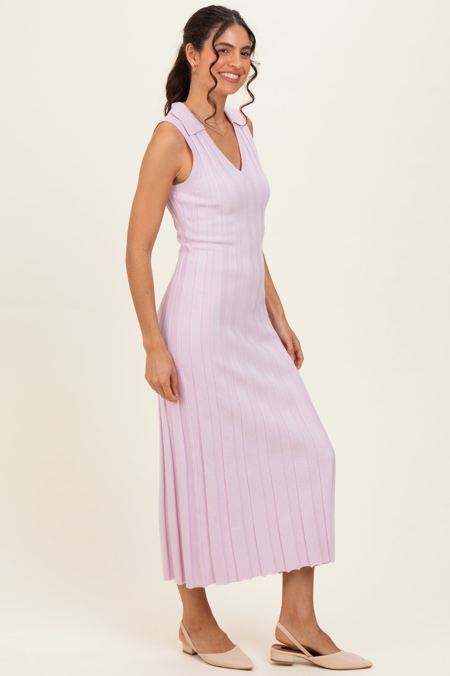 Light Pink Knit Collared Sleeveless Maxi Dress