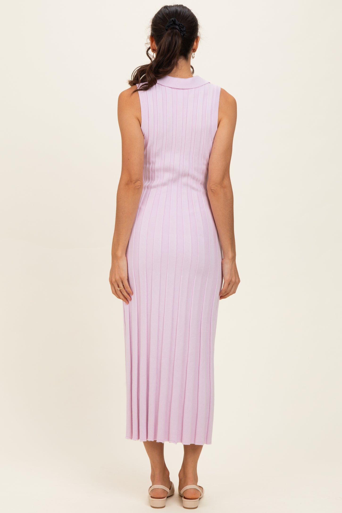 Light Pink Knit Collared Sleeveless Maxi Dress