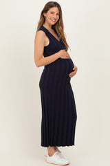 Navy Knit Collared Sleeveless Maternity Maxi Dress
