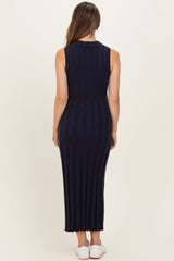 Navy Knit Collared Sleeveless Maternity Maxi Dress