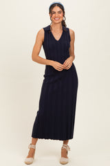 Navy Knit Collared Sleeveless Maternity Maxi Dress