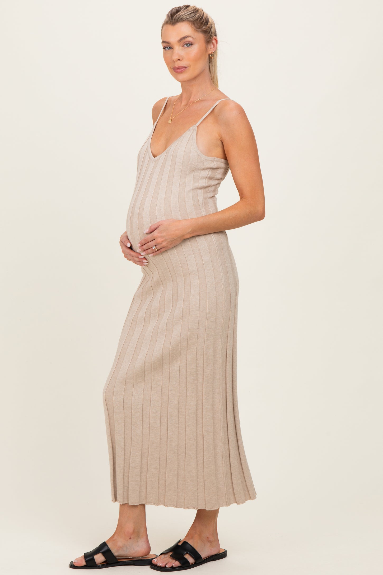 Oatmeal Rib Knit Sleeveless Maternity Maxi Dress