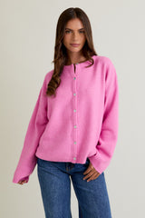 Hot Pink Classic Crew Neck Maternity Button Cardigan