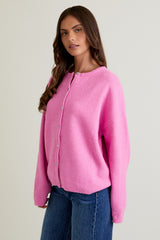 Hot Pink Classic Crew Neck Button Cardigan