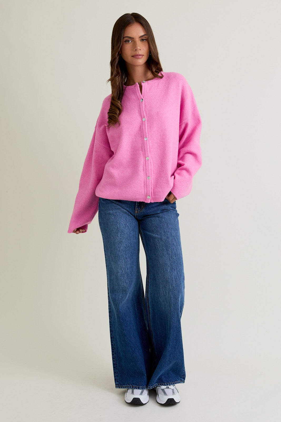 Hot Pink Classic Crew Neck Button Cardigan
