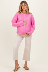 Hot Pink Classic Crew Neck Maternity Button Cardigan