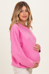 Hot Pink Classic Crew Neck Maternity Button Cardigan