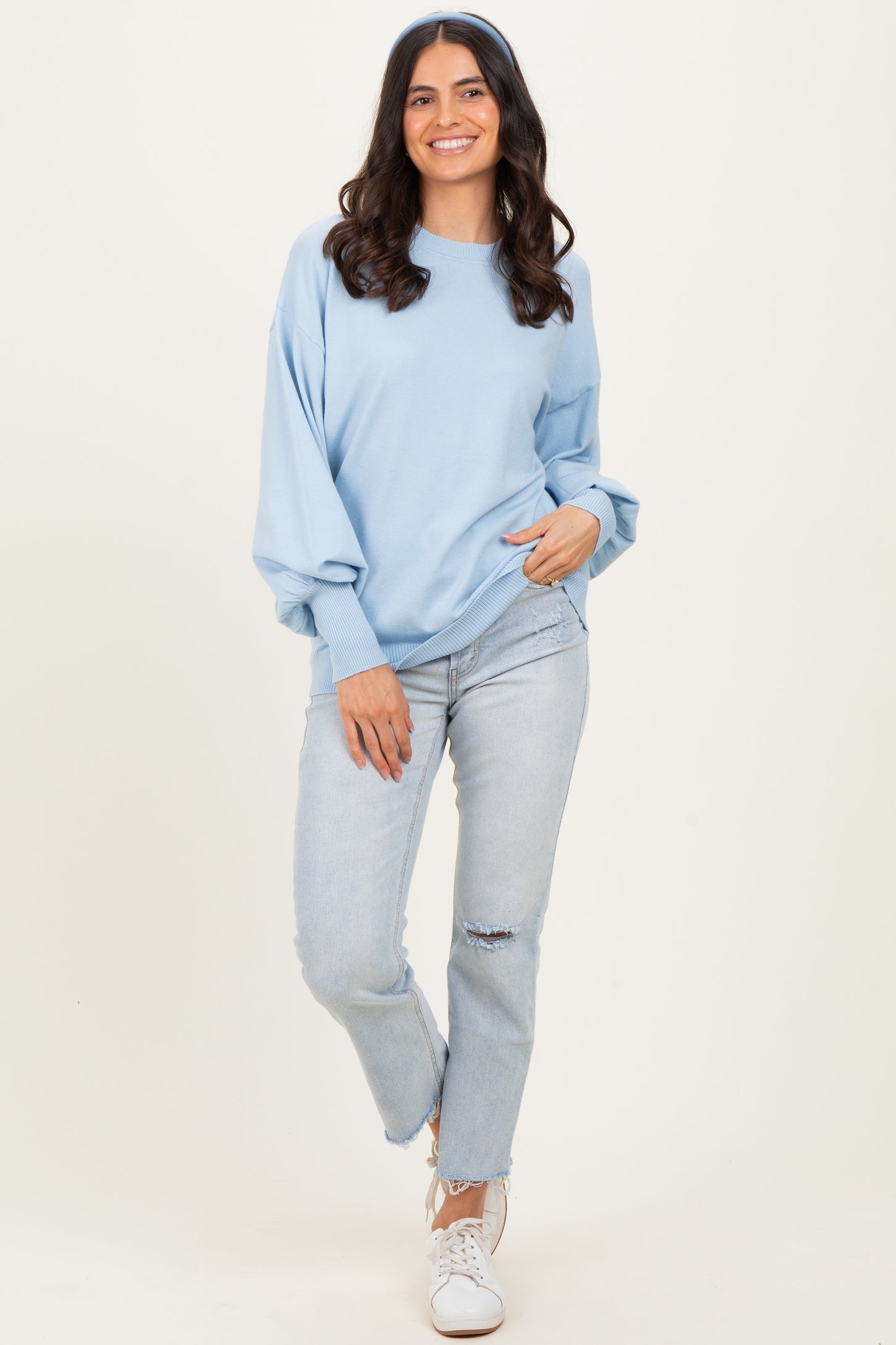 Blue Fine Knit Balloon Sleeve Sweater