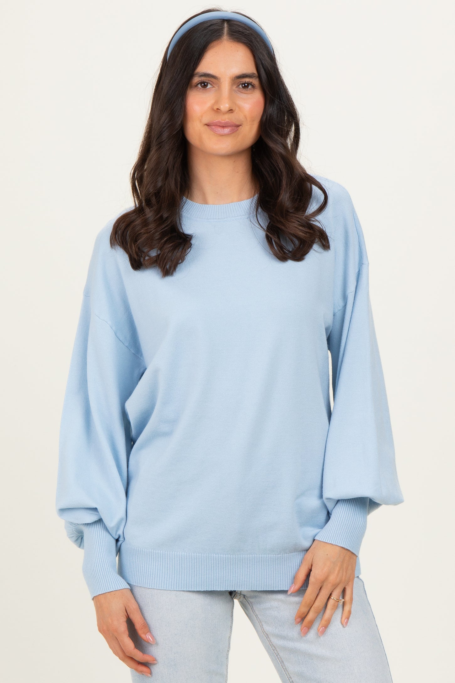 Blue Fine Knit Balloon Sleeve Sweater