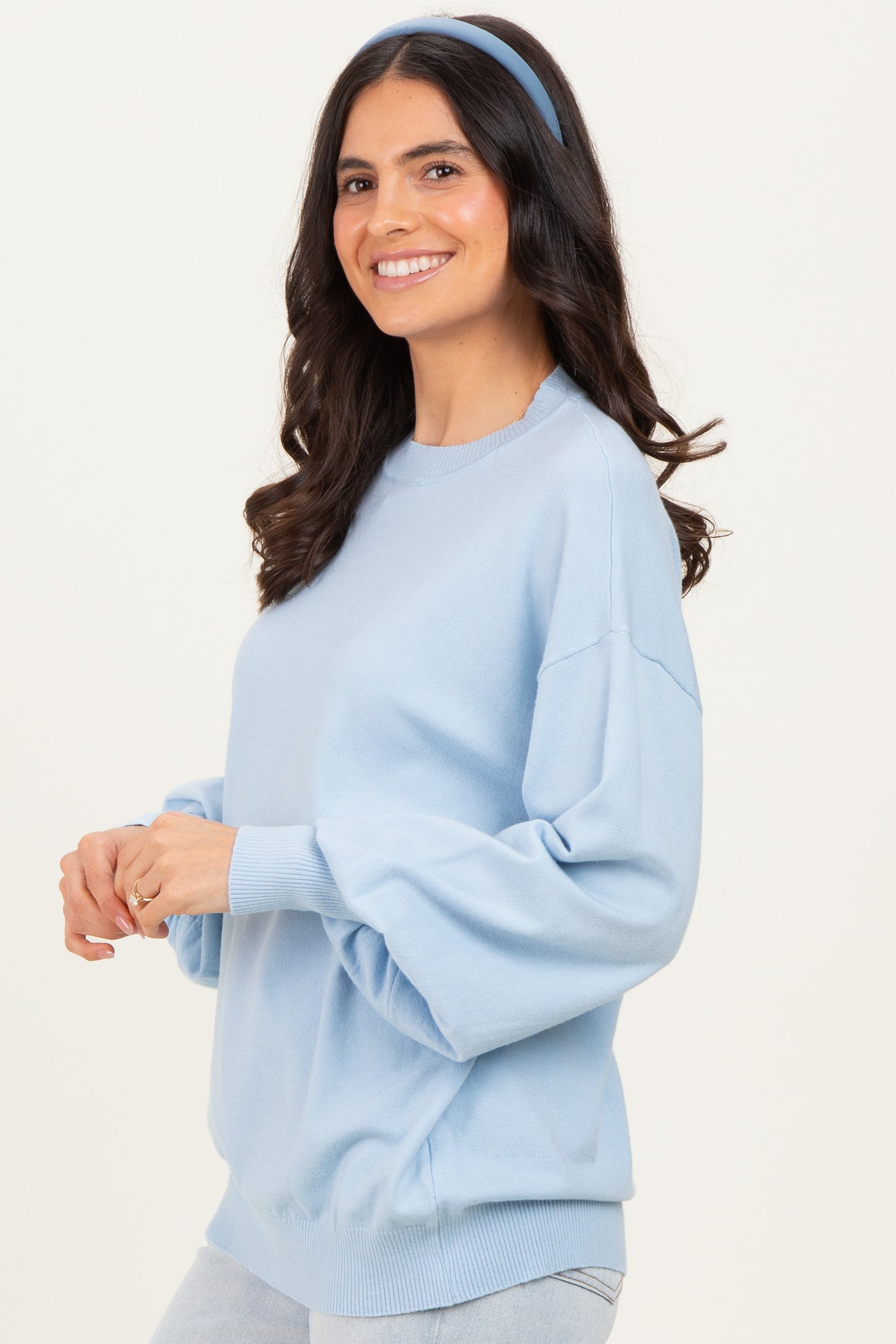 Blue Fine Knit Balloon Sleeve Sweater