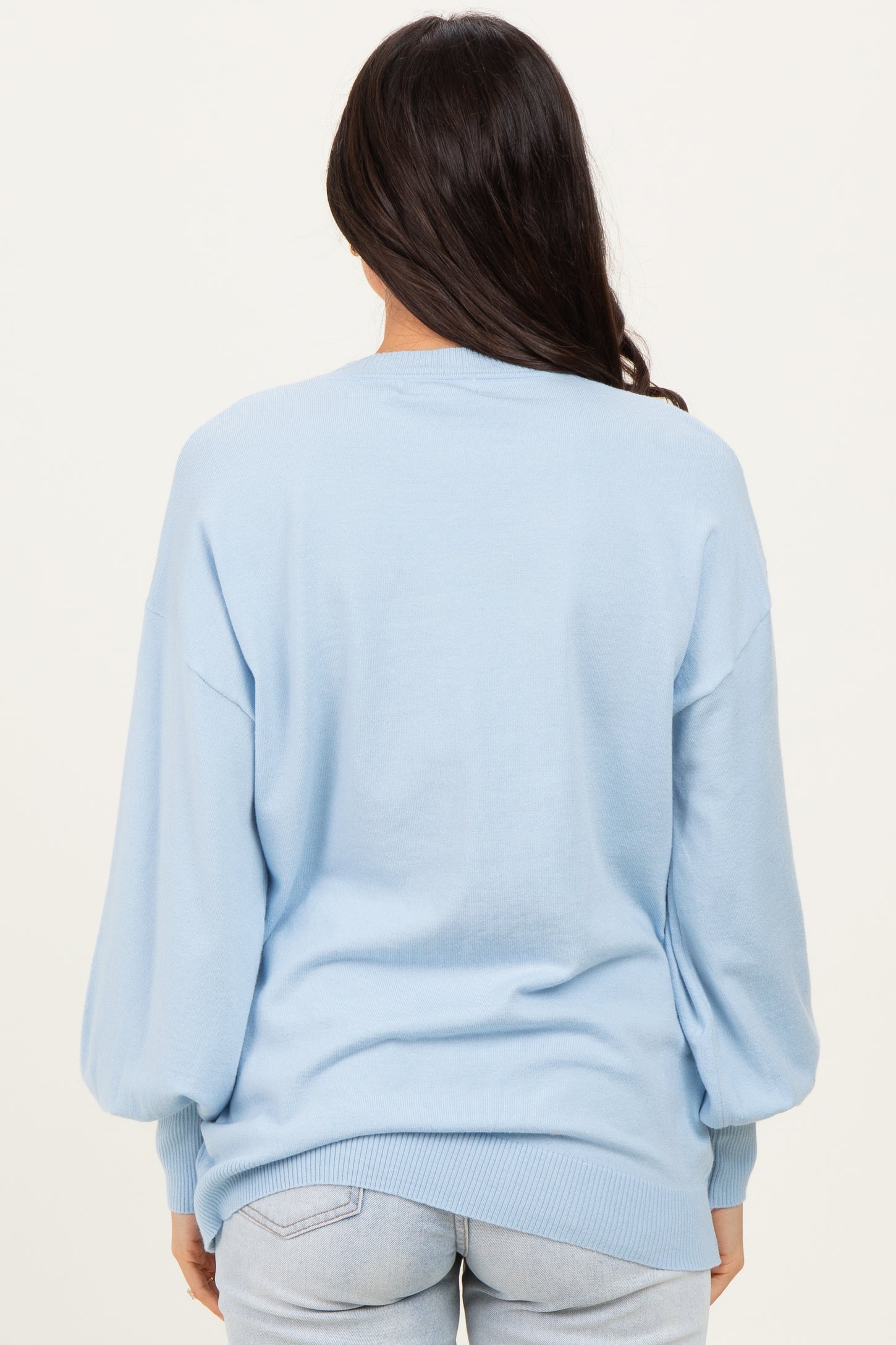 Blue Fine Knit Balloon Sleeve Sweater