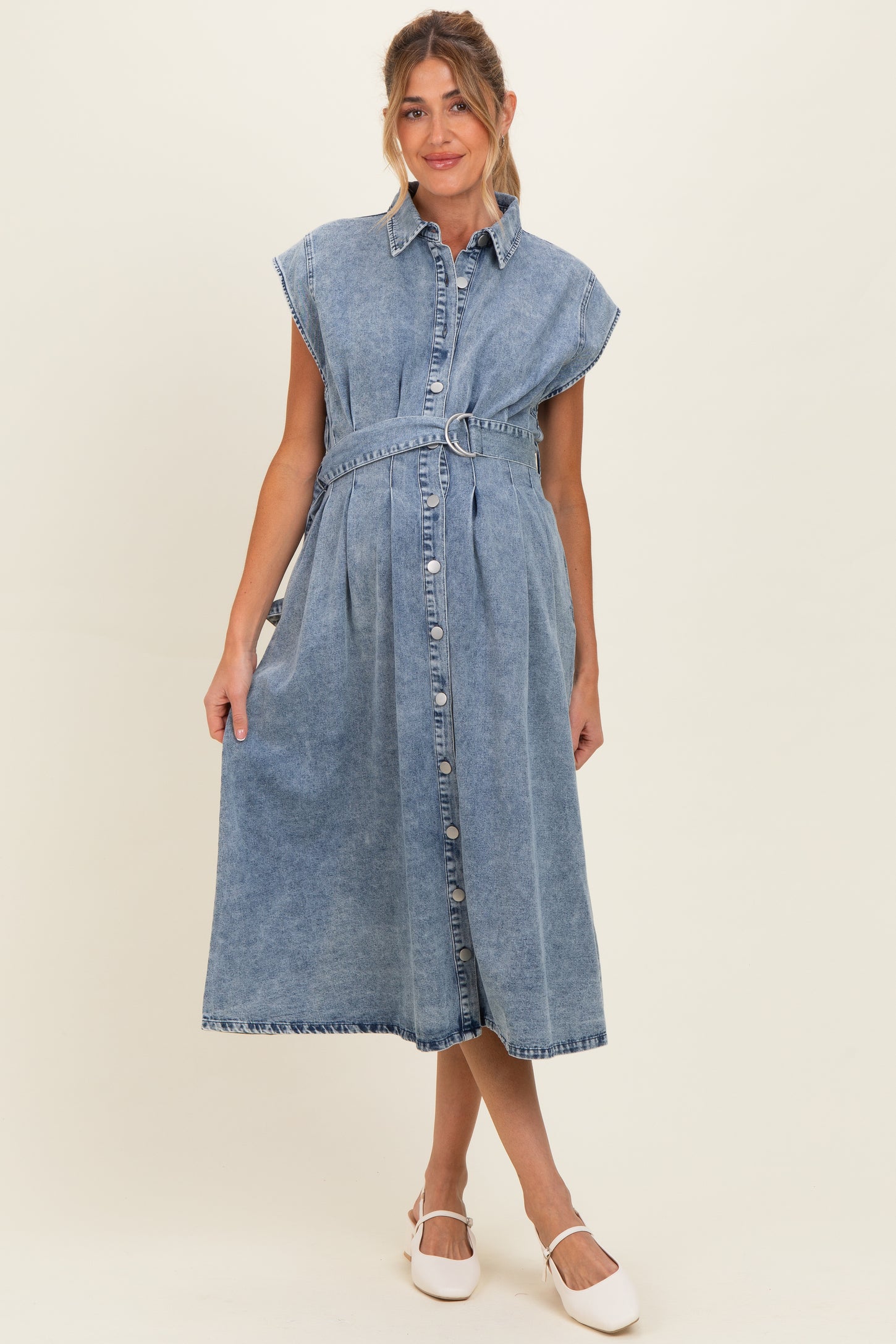 Denim Button Front Maternity Midi Dress