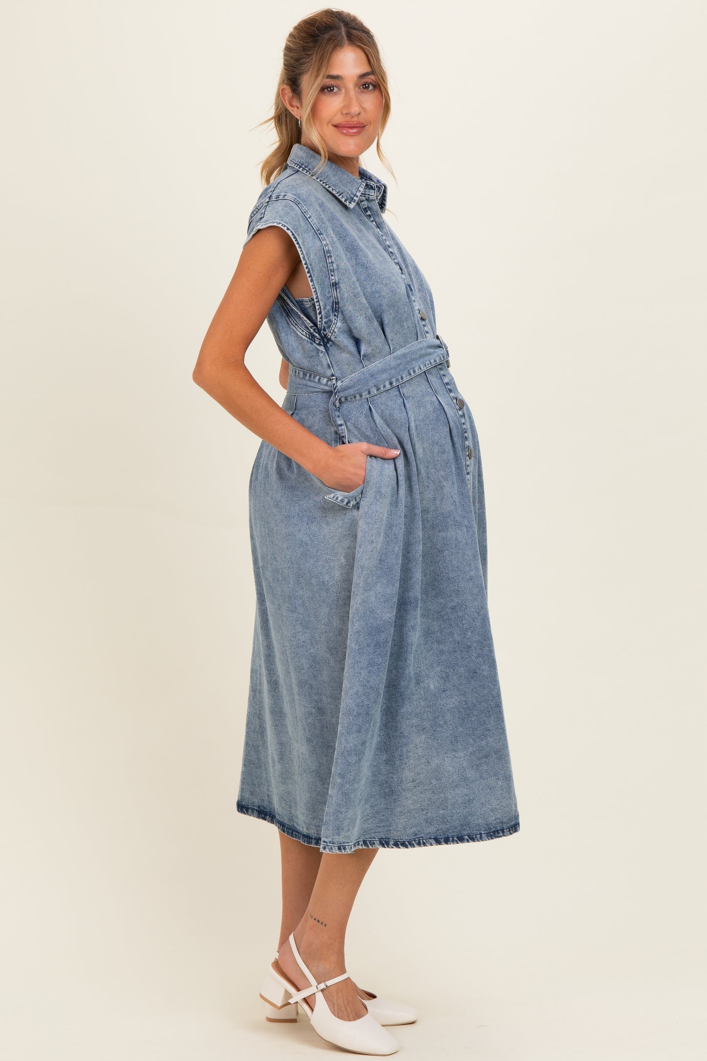 Denim Button Front Maternity Midi Dress