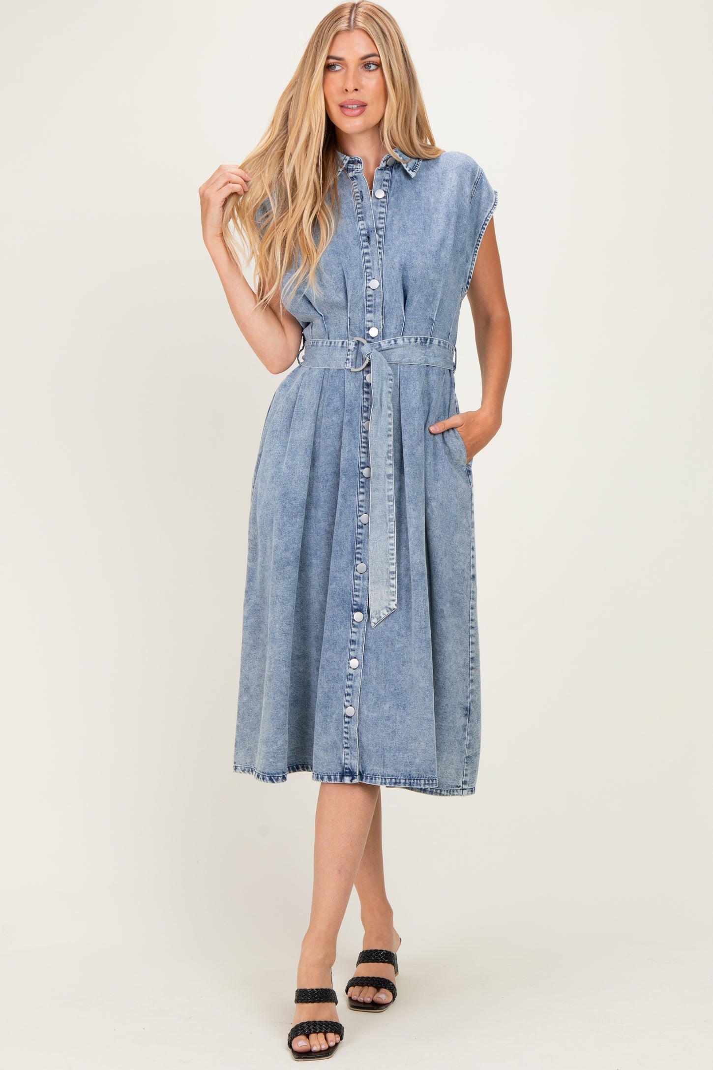 Denim Button Front Maternity Midi Dress