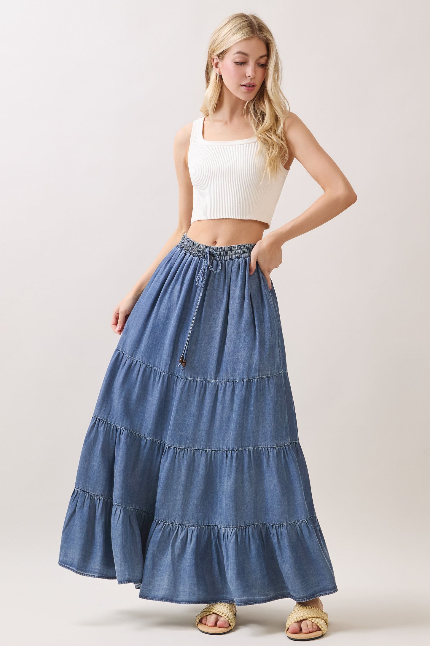 Blue Chambray Tiered Maxi Skirt