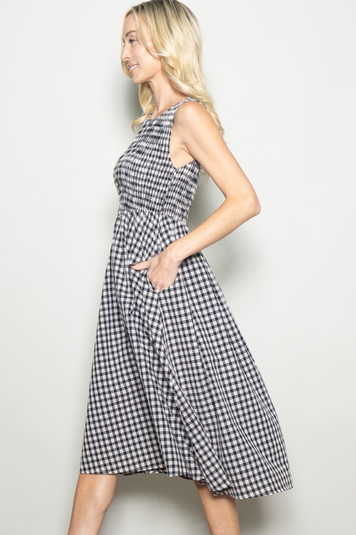 Black Gingham Smocked Sleeveless Midi Dress