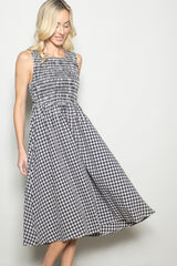 Black Gingham Smocked Sleeveless Midi Dress