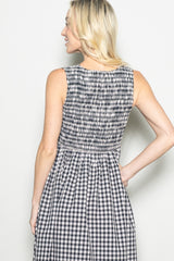 Black Gingham Smocked Sleeveless Midi Dress