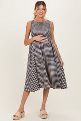 Black Gingham Smocked Sleeveless Maternity Midi Dress