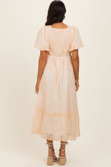 Yellow Gingham Pleated Square Neck Midi Dress