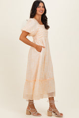 Yellow Gingham Pleated Square Neck Midi Dress
