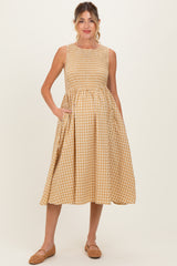 Yellow Gingham Smocked Sleeveless Maternity Midi Dress