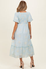 Light Blue Gingham Pleated Square Neck Maternity Midi Dress