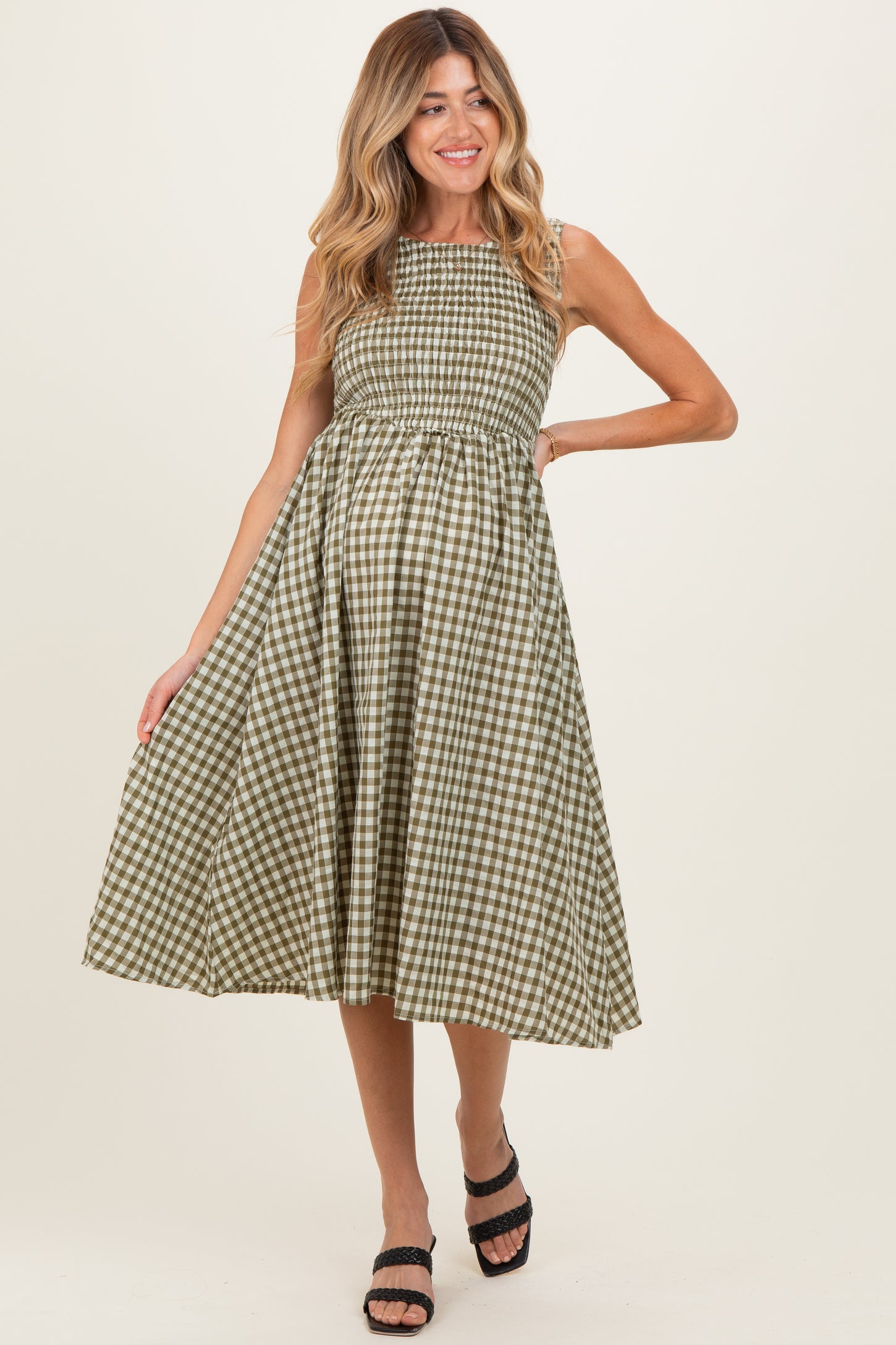 Olive Gingham Smocked Sleeveless Maternity Midi Dress