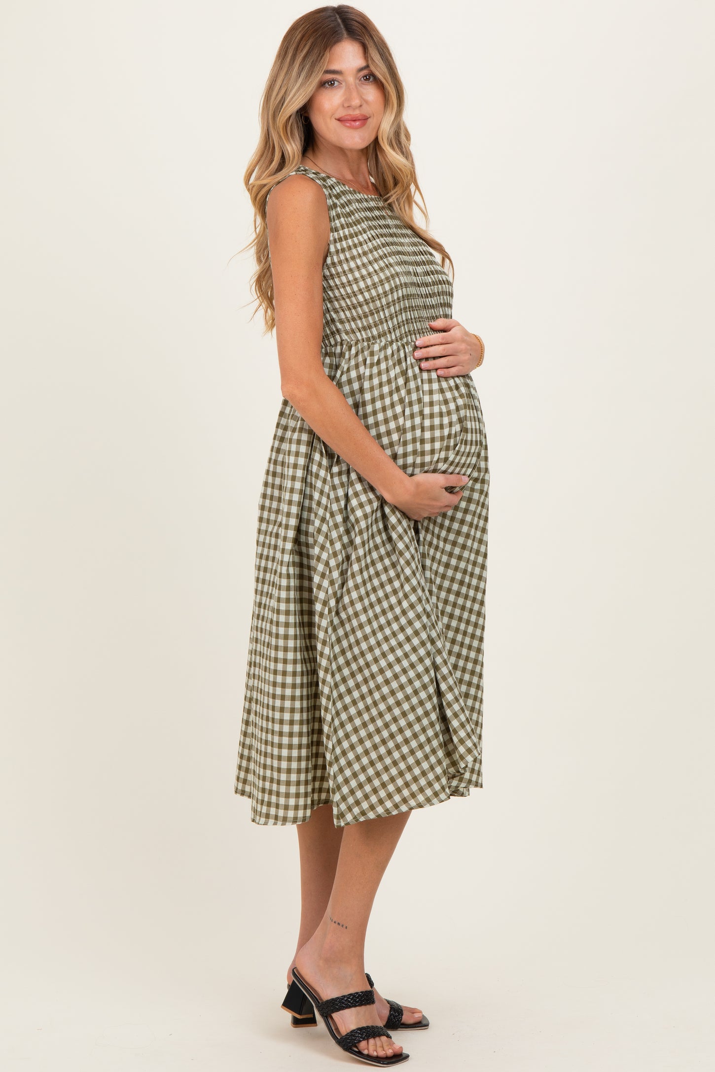 Olive Gingham Smocked Sleeveless Maternity Midi Dress