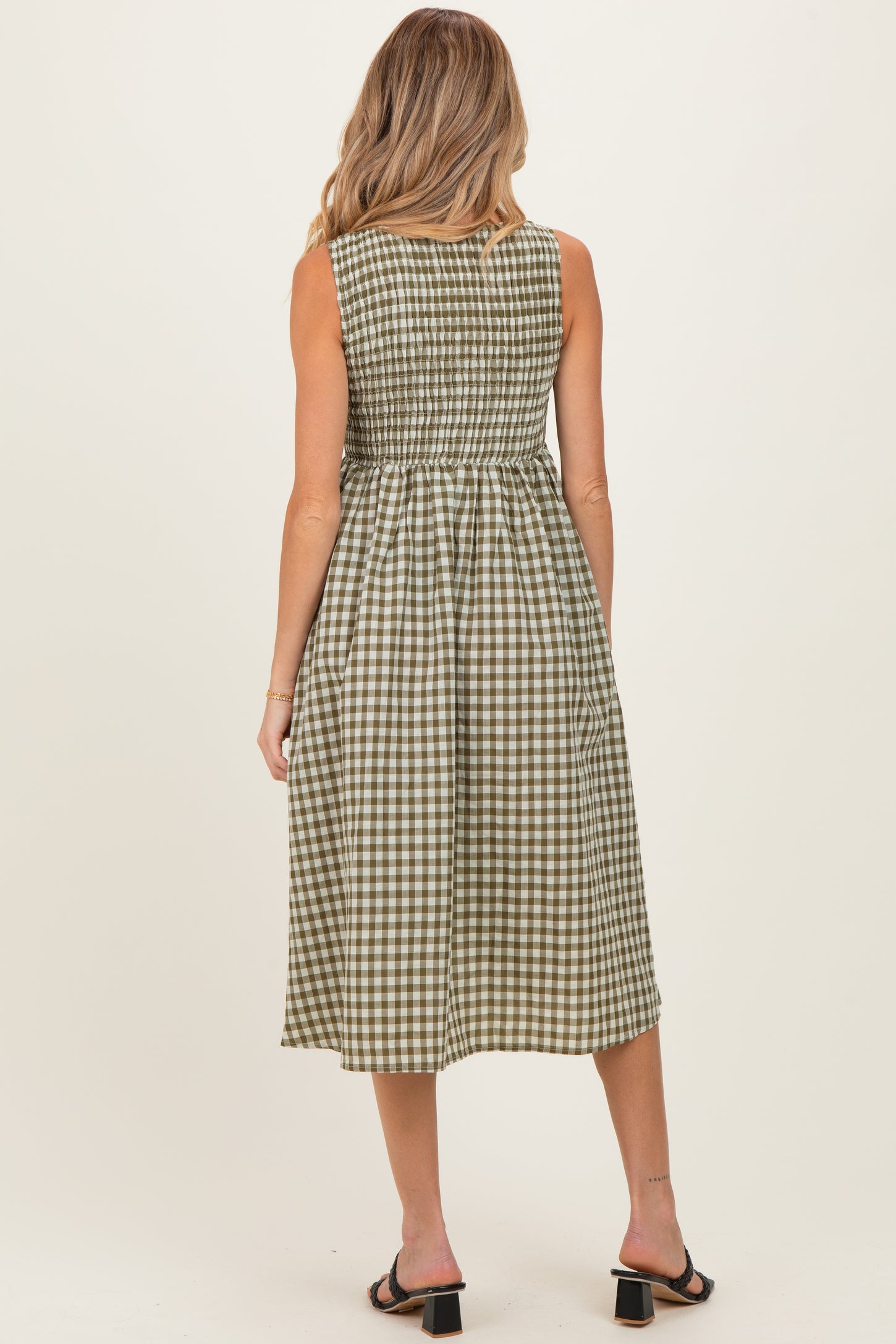 Olive Gingham Smocked Sleeveless Maternity Midi Dress