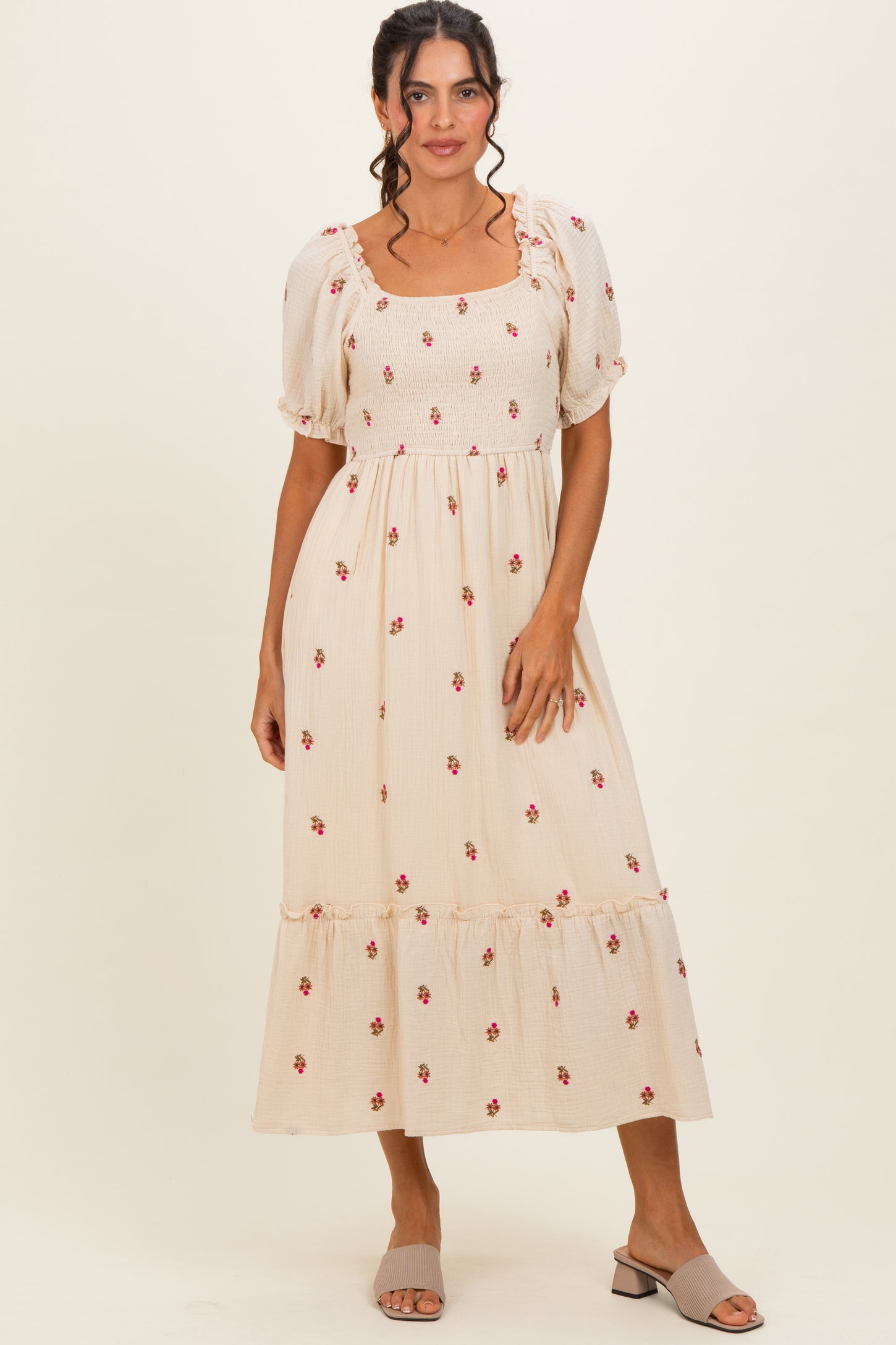 Cream Embroidered Smocked Midi Dress
