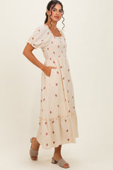 Cream Embroidered Smocked Midi Dress