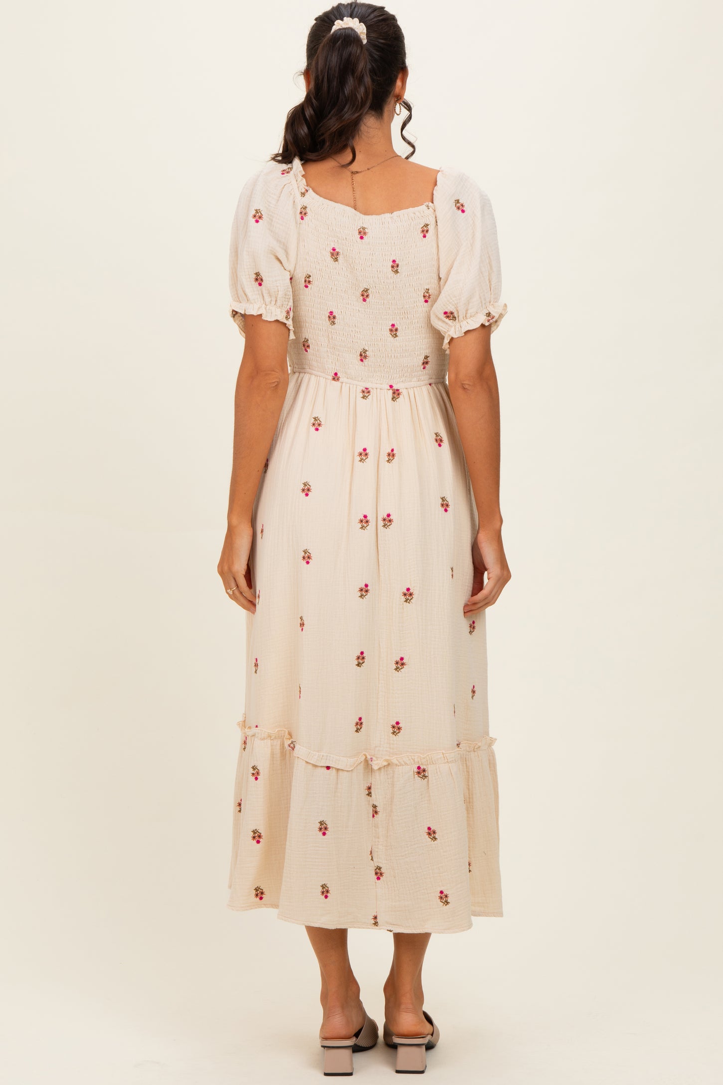 Cream Embroidered Smocked Midi Dress