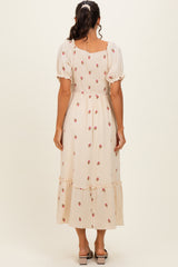 Cream Embroidered Smocked Midi Dress