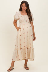 Cream Embroidered Smocked Maternity Midi Dress
