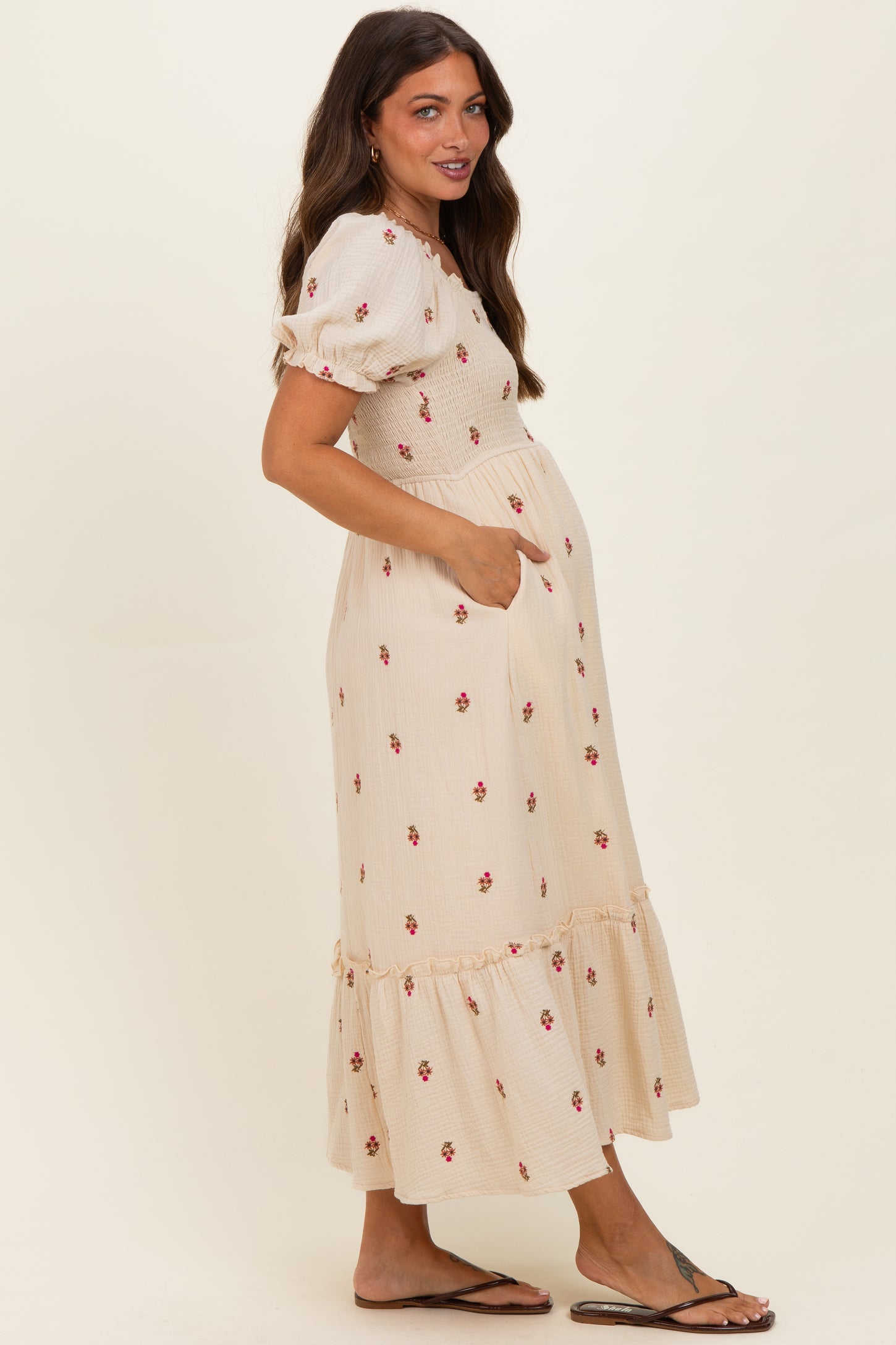 Cream Embroidered Smocked Maternity Midi Dress