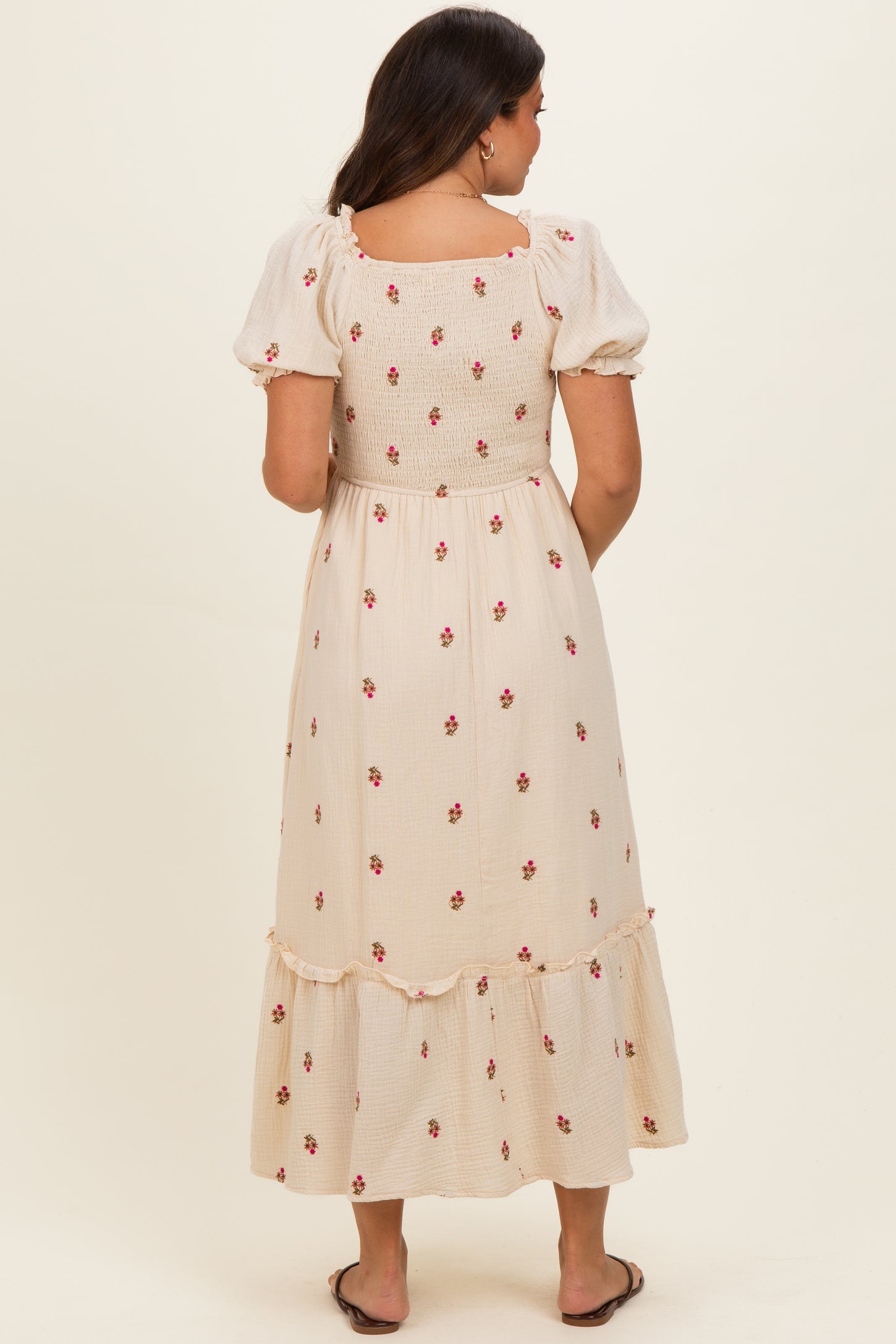 Cream Embroidered Smocked Maternity Midi Dress