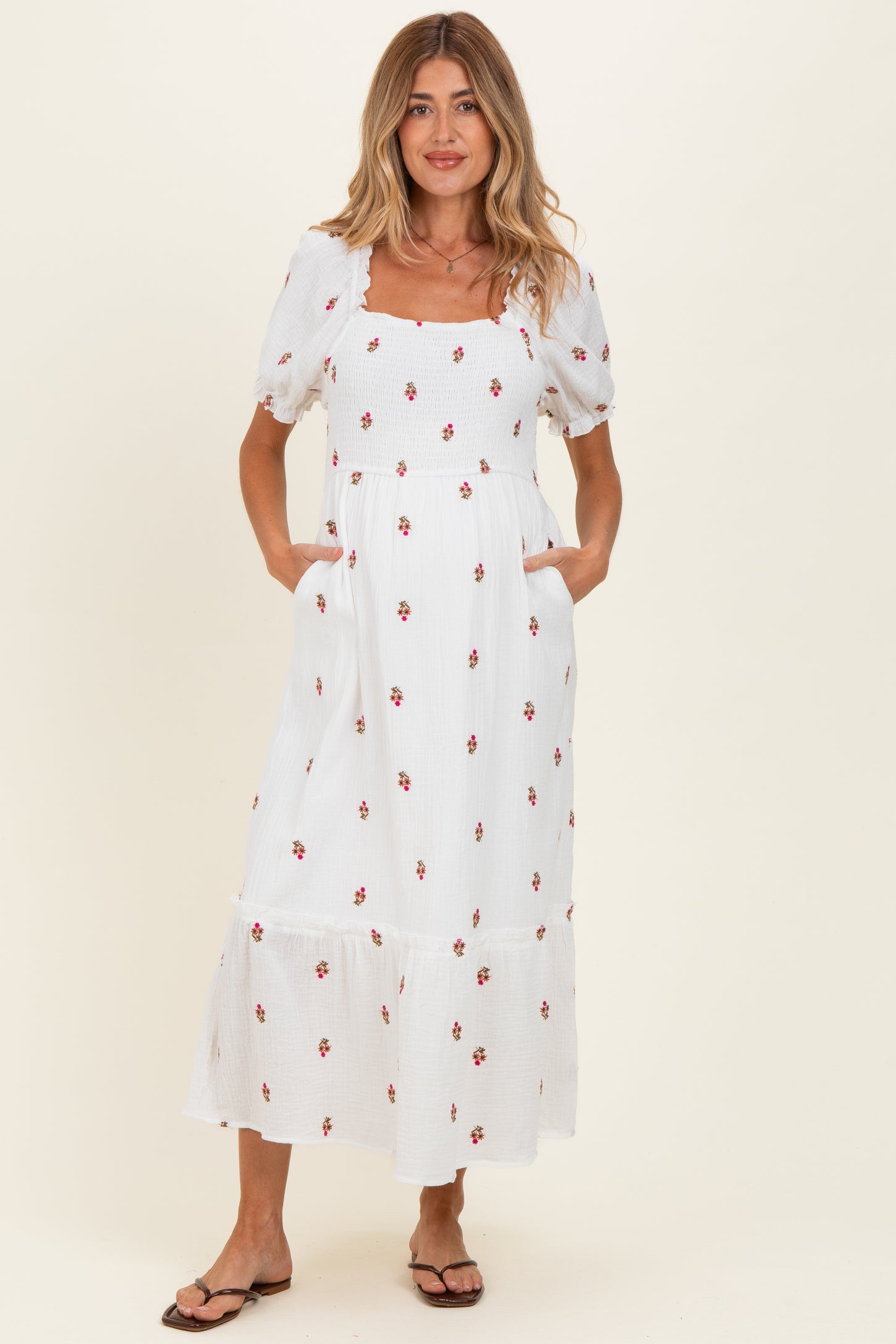 Ivory Embroidered Smocked Maternity Midi Dress