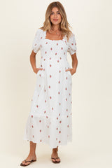 Ivory Embroidered Smocked Maternity Midi Dress