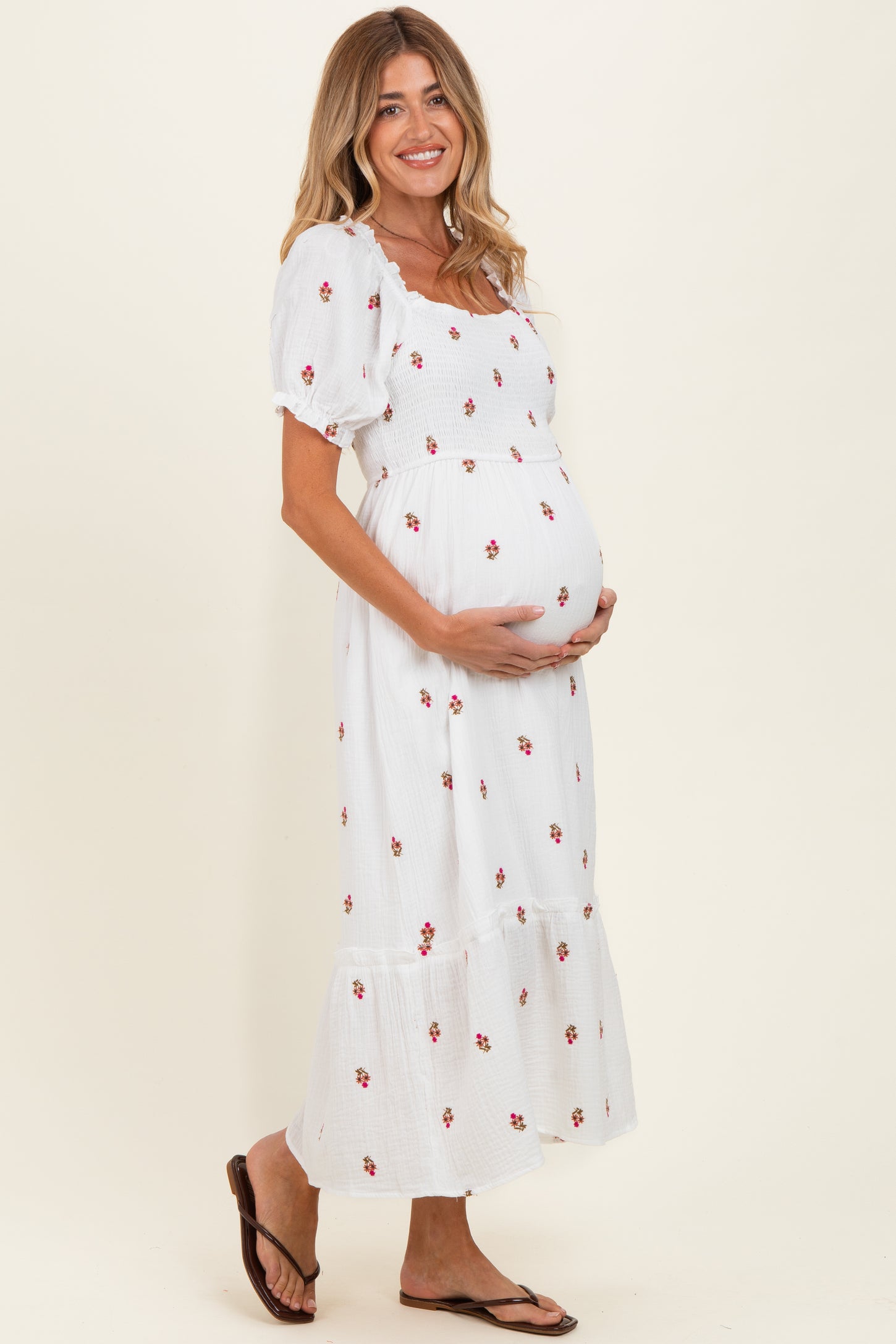 Ivory Embroidered Smocked Maternity Midi Dress