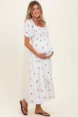 Ivory Embroidered Smocked Maternity Midi Dress