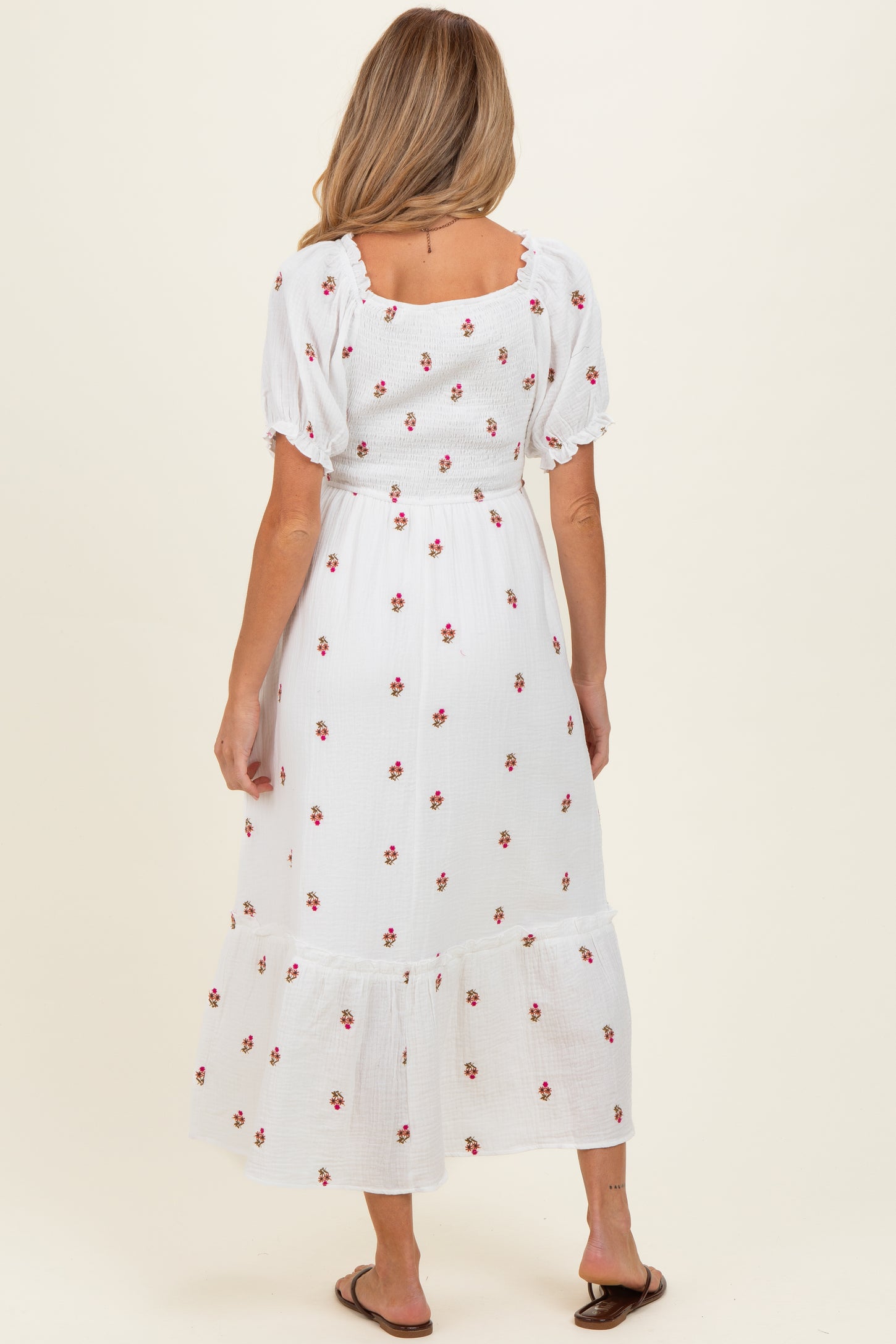 Ivory Embroidered Smocked Maternity Midi Dress
