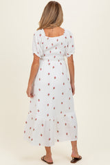 Ivory Embroidered Smocked Maternity Midi Dress